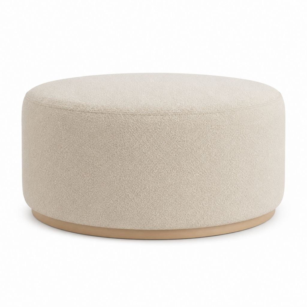 Runder Polsterhocker Creme aus Polyester-Bouclé mit Holzsockel Ø 80 x 40 cm