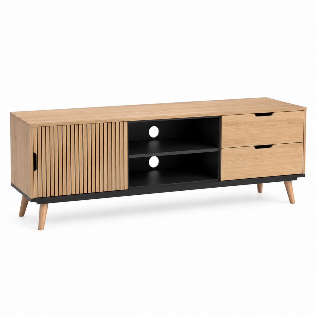 TV-Lowboard Eichenholzoptik MDF rechteckig mit 2 Schubladen und Schiebetür 160 x 40 x 60 cm