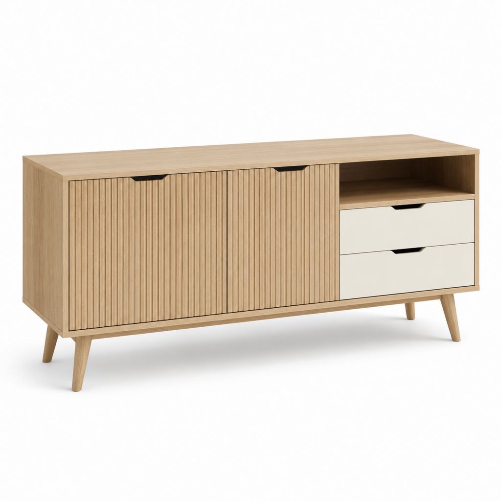 TV-Lowboard Sideboard in Eicheoptik und Weiß mit Rillenfront 160 x 40 x 80 cm