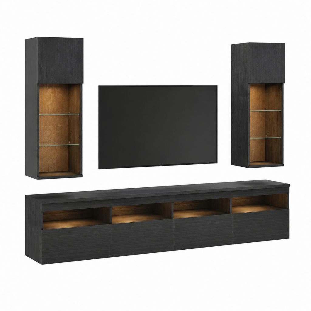 TV-Wandmöbel Set Schwarz Braun MDF 3-teilig mit Lowboard und Hängeschränken 200 x 40 x 45 cm