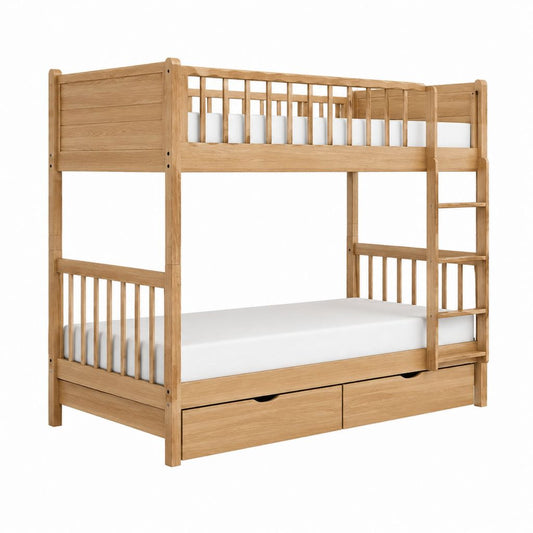 Etagenbett für Kinder aus massivem Eichenholz natur 90 x 200 cm mit Leiter und 2 Schubladen