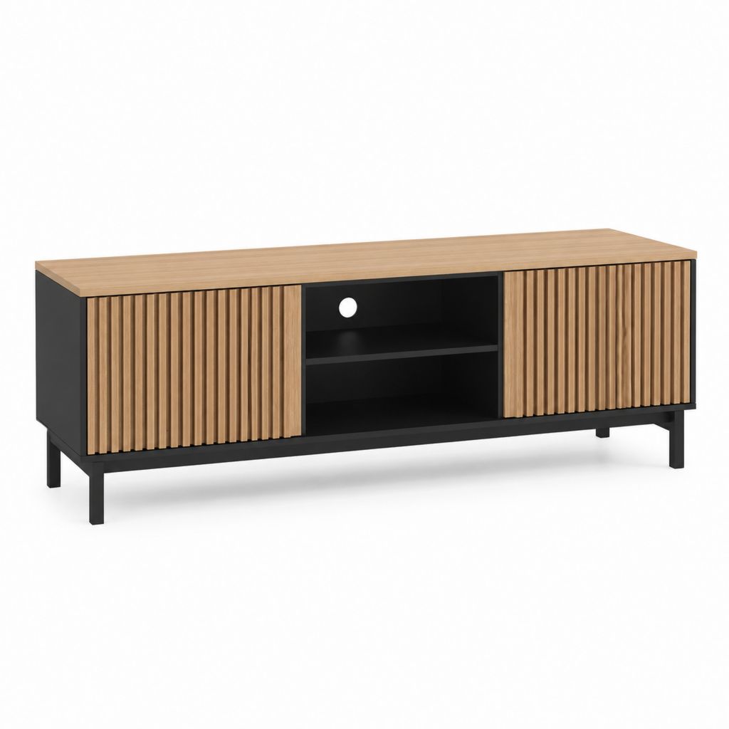 TV Lowboard mit Schiebetüren Eiche Dekor und Schwarz aus MDF und Stahl 160 x 40 x 60 cm