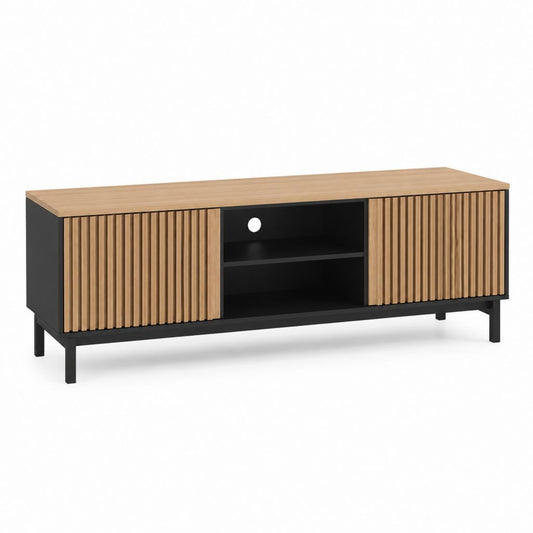 TV Lowboard mit Schiebetüren Eiche Dekor und Schwarz aus MDF und Stahl 160 x 40 x 60 cm