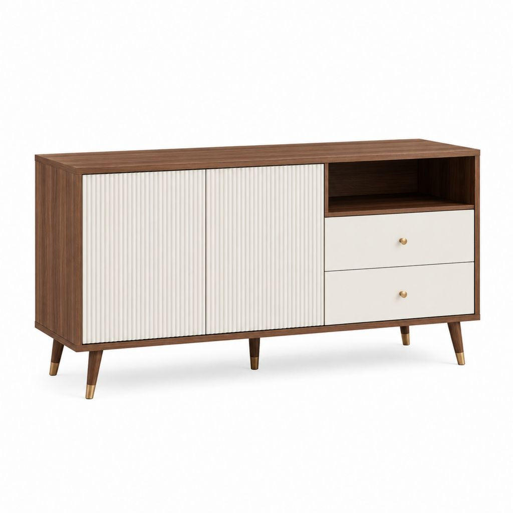 TV-Lowboard Nussbraun Cremeweiß aus MDF rechteckig mit 2 Türen 2 Schubladen 160 x 40 x 80 cm