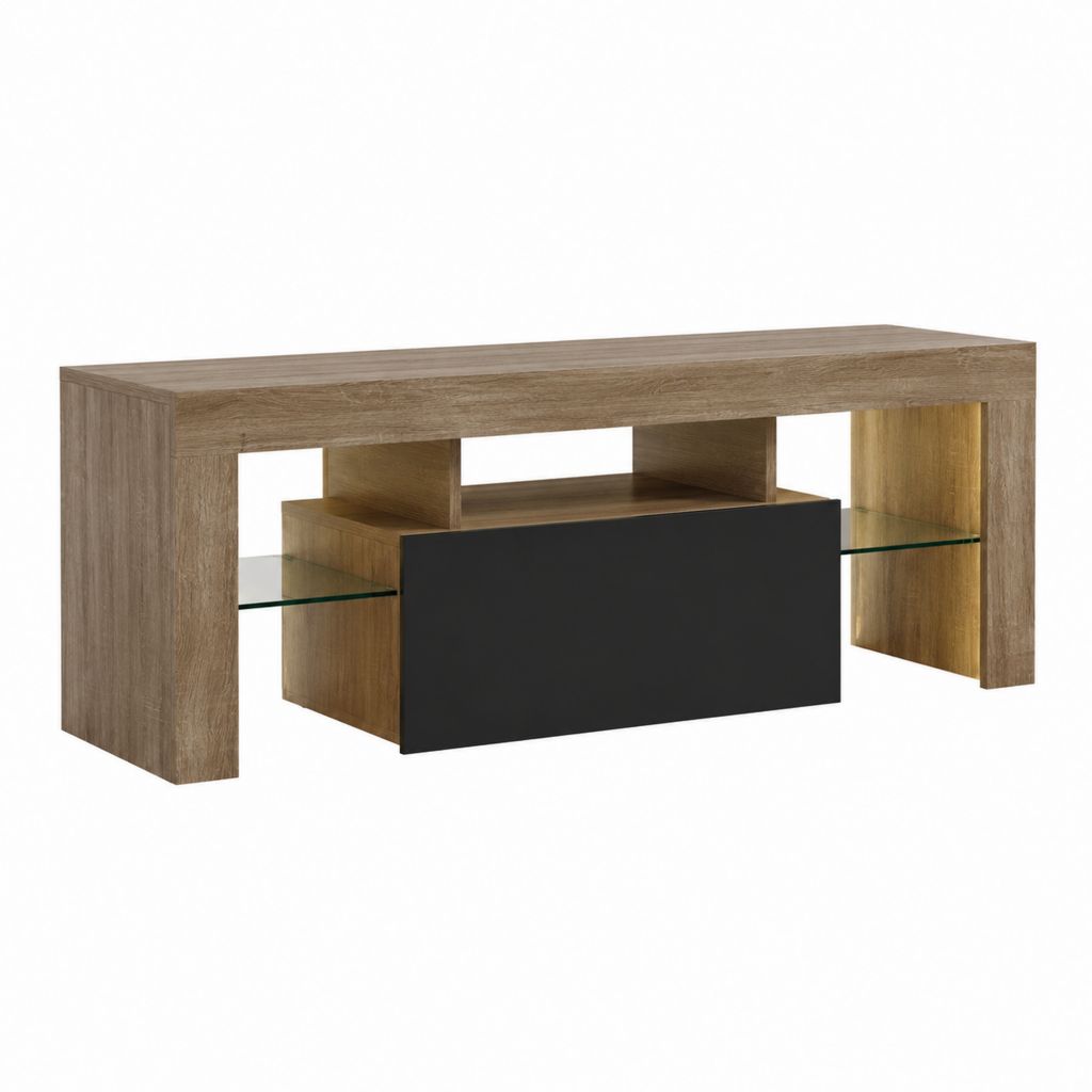 TV-Lowboard eichefarben schwarz aus Spanplatte mit Glasablagen rechteckig 120 x 40 x 60 cm